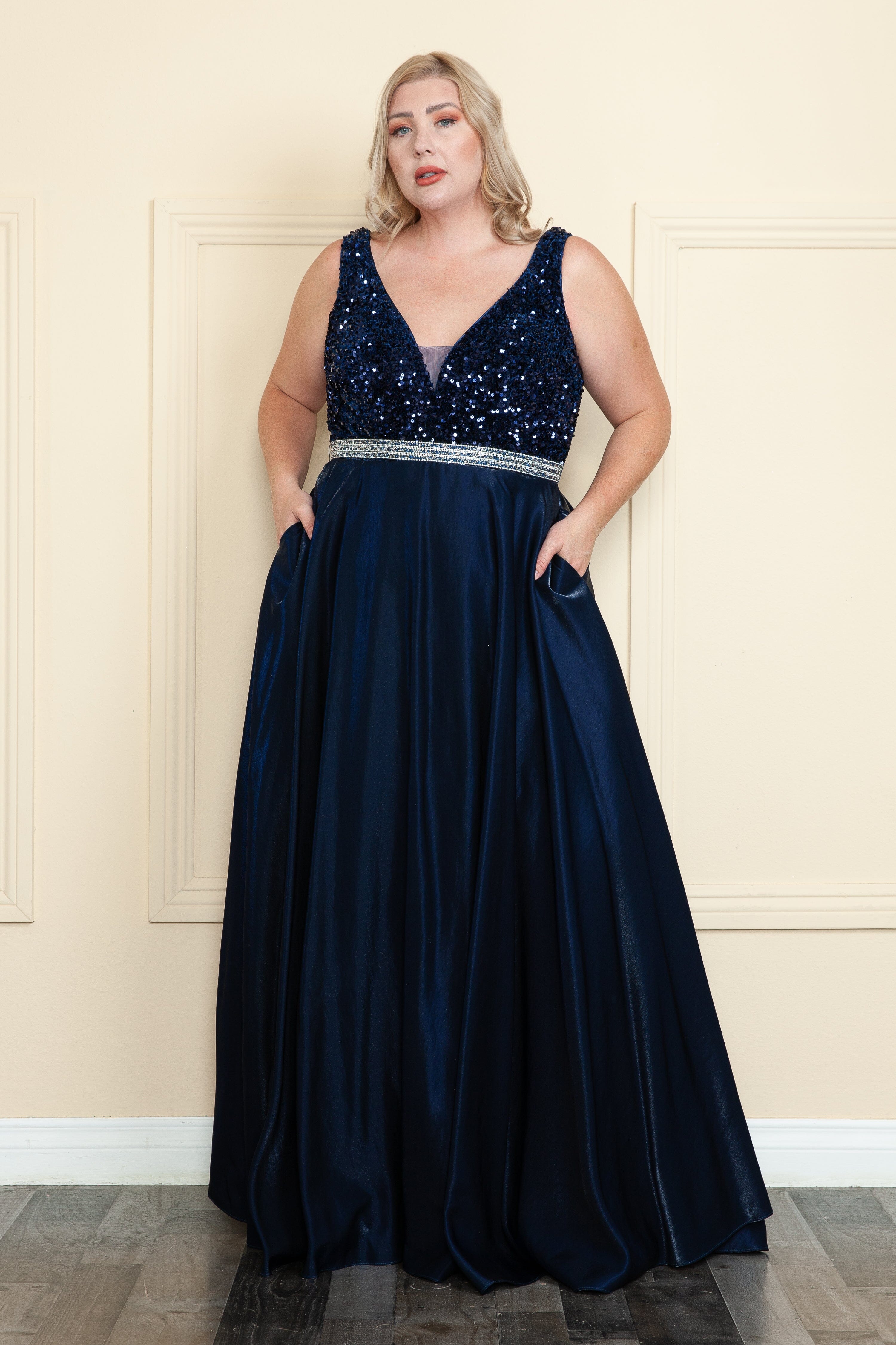 Poly USA W1006 Plus Size Long Sequin Bodice Satin Dress