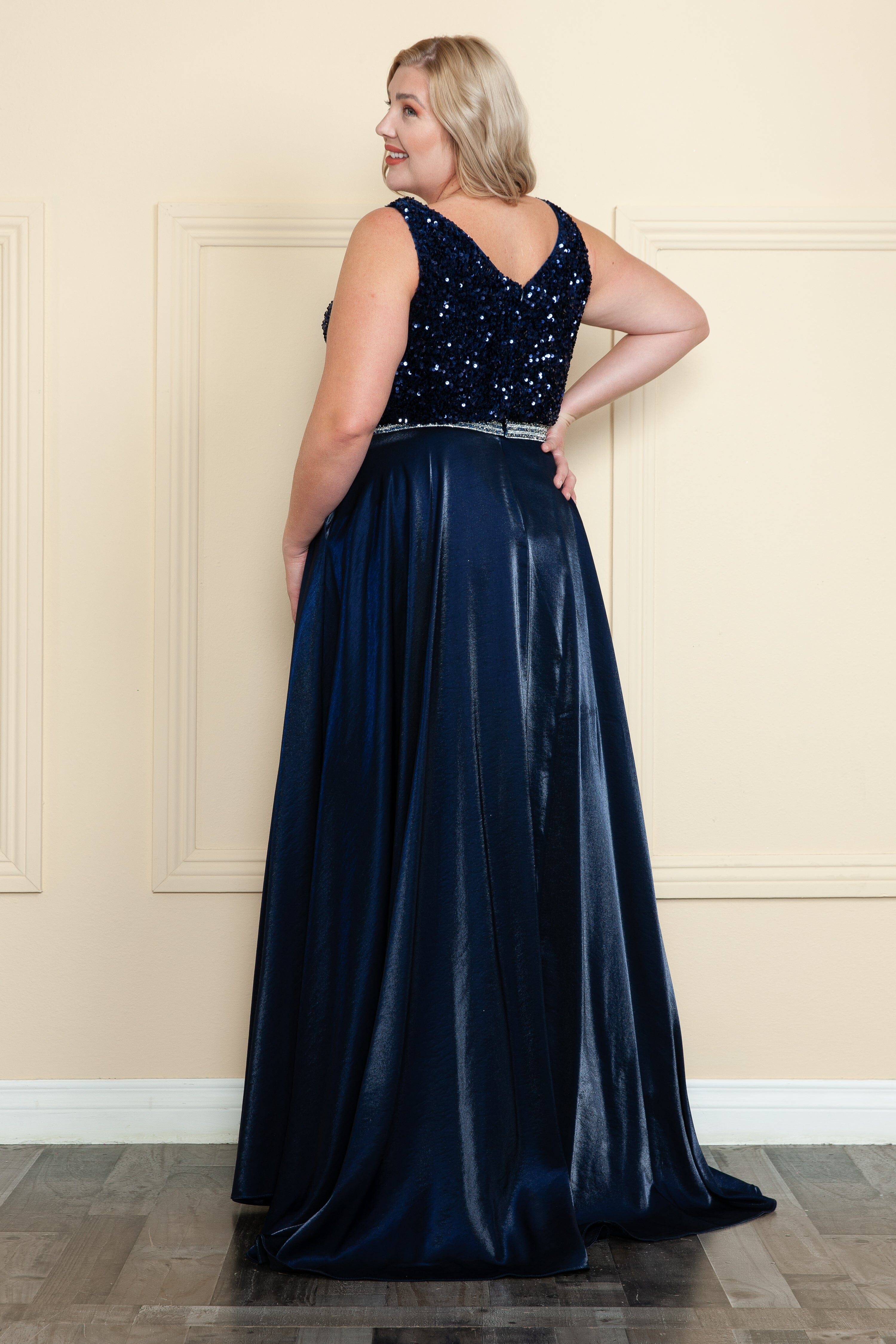 Poly USA W1006 Plus Size Long Sequin Bodice Satin Dress