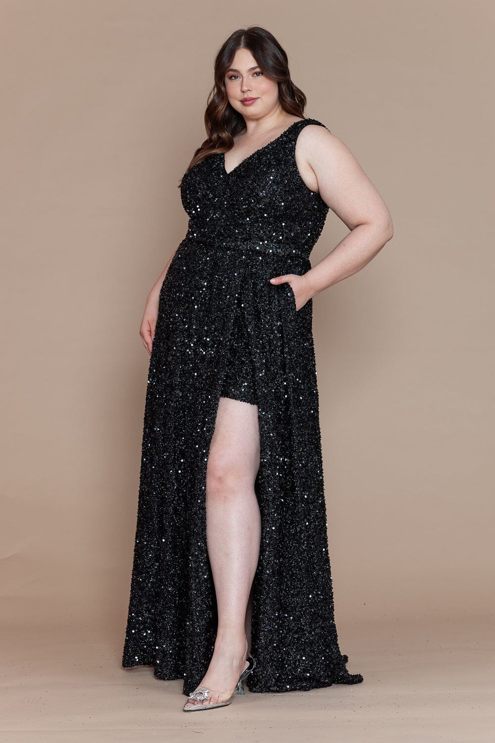 Vestido largo de lentejuelas con escote en V, talla grande, de Poly USA W1128