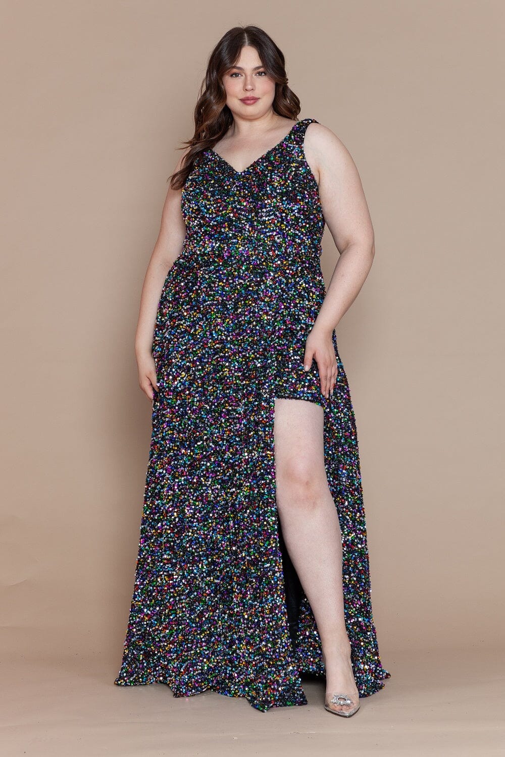 Vestido largo de lentejuelas con escote en V, talla grande, de Poly USA W1128