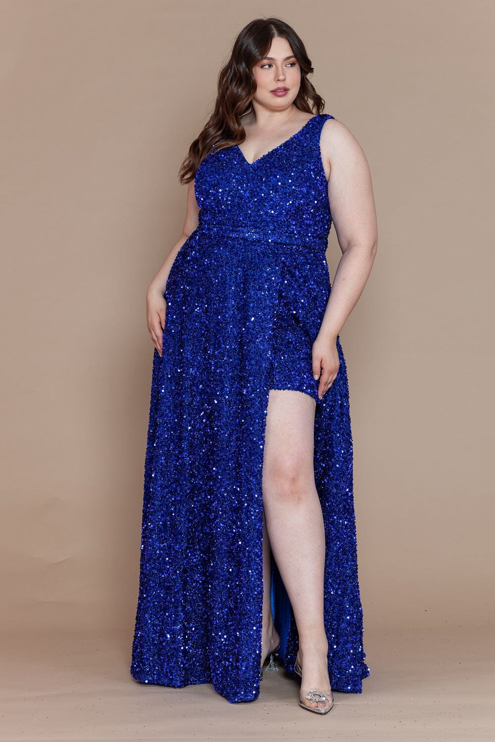 Vestido largo de lentejuelas con escote en V, talla grande, de Poly USA W1128