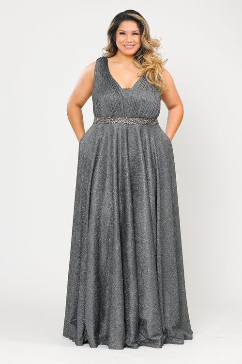 Poly USA W1082 Plus Size Long Sleeveless A-line Glitter Dress