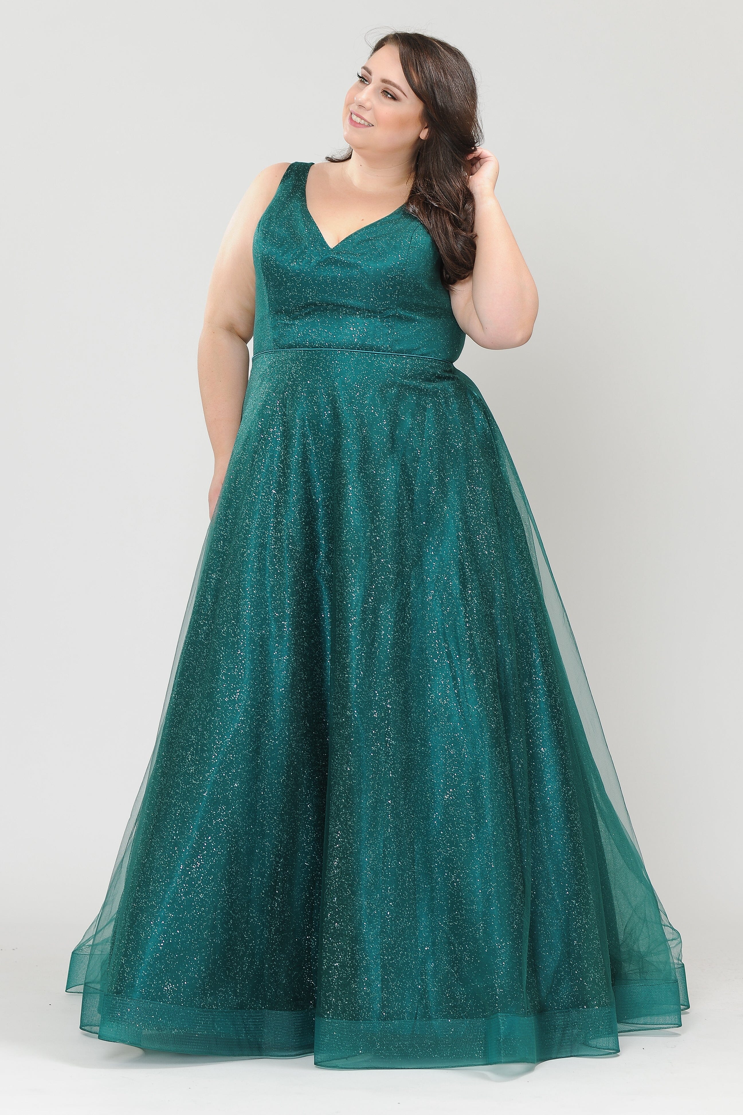 Poly USA W1024 Plus Size Long V-Neck Glitter Dress