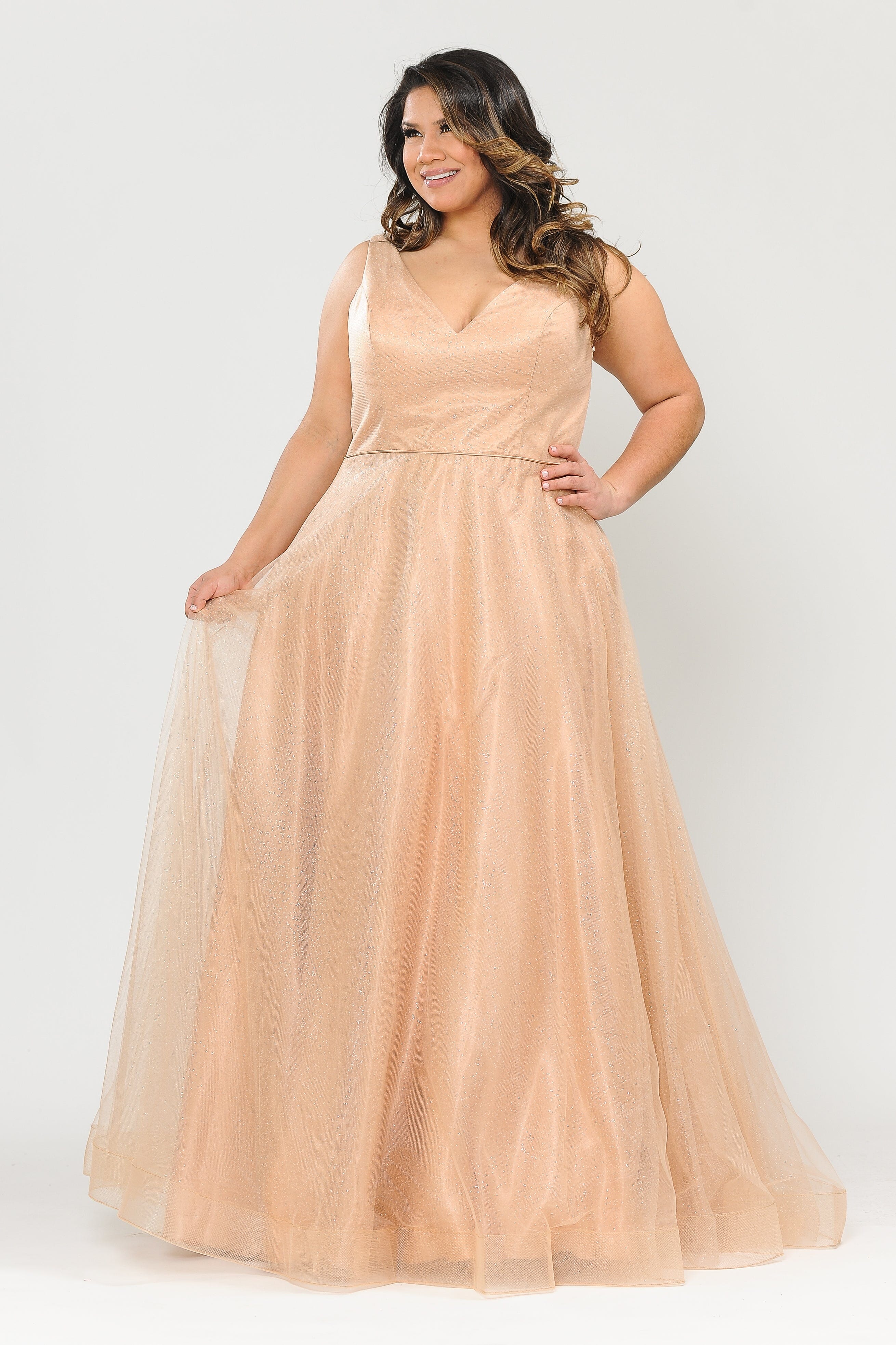 Poly USA W1024 Plus Size Long V-Neck Glitter Dress