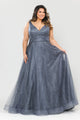 Poly USA W1024 Plus Size Long V-Neck Glitter Dress
