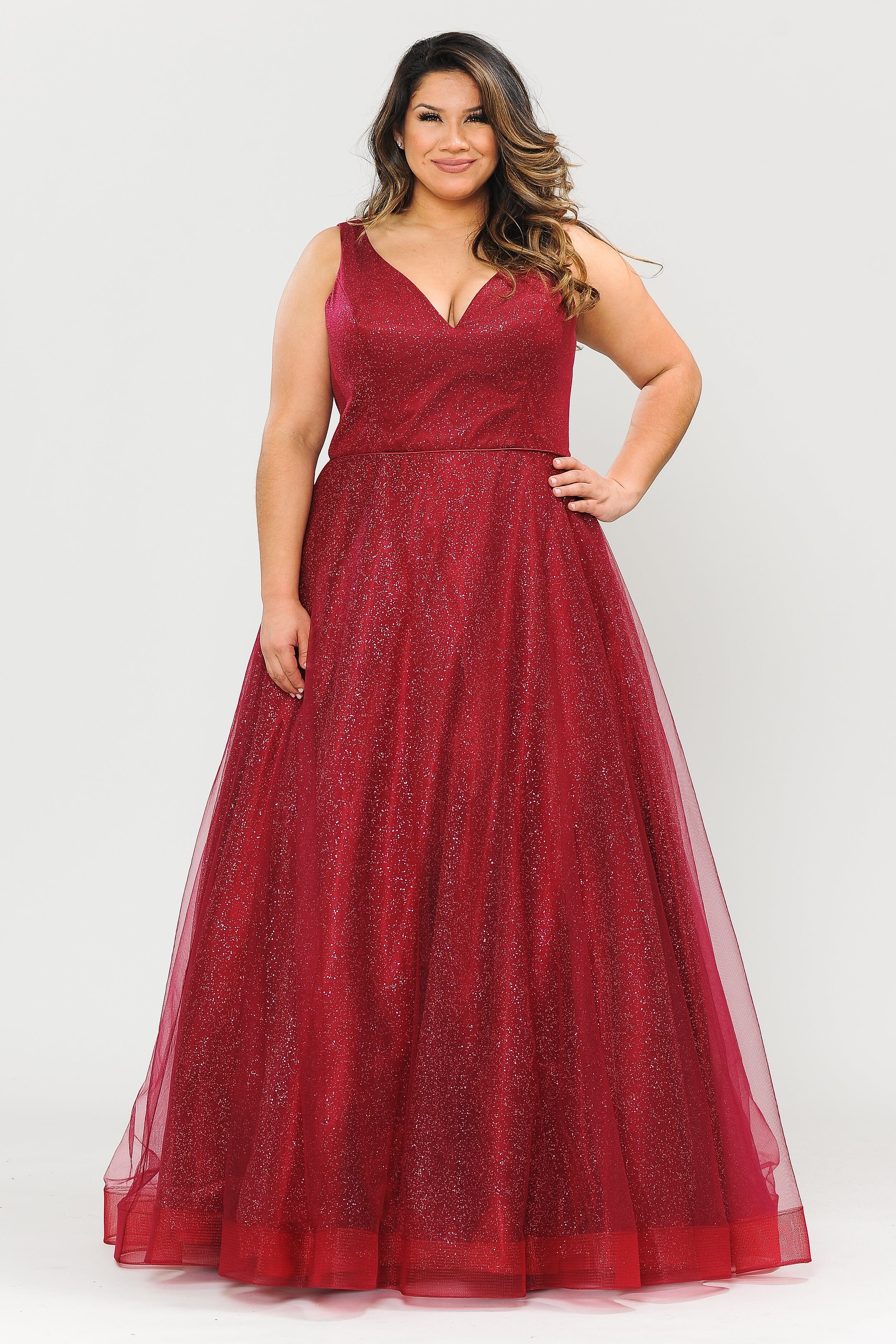 Poly USA W1024 Plus Size Long V-Neck Glitter Dress