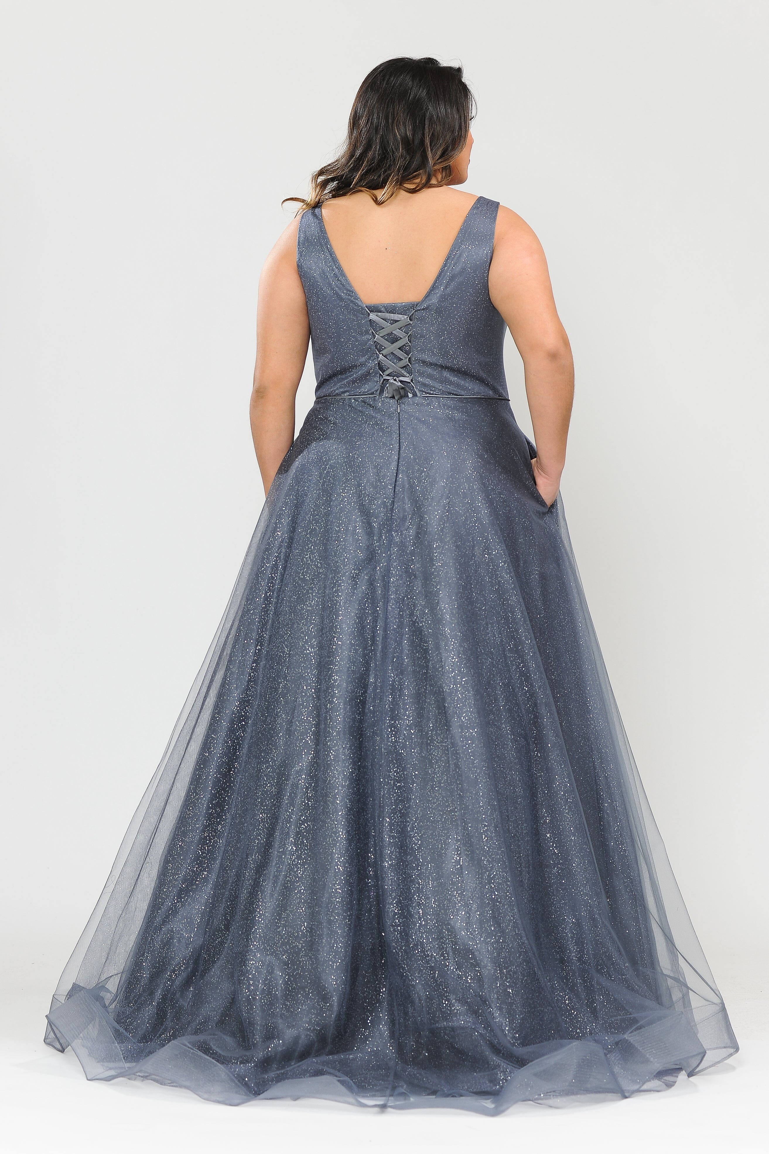 Poly USA W1024 Plus Size Long V-Neck Glitter Dress