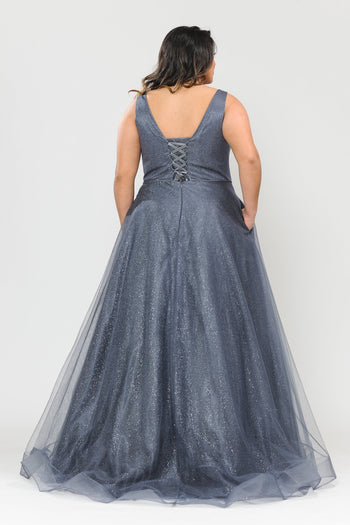 Poly USA W1024 Plus Size Long V-Neck Glitter Dress