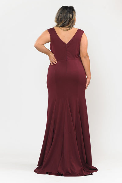 Plus Size Long V-Neck Jersey Fitted Dress by Poly USA W1022-Long Formal Dresses-ABC Fashion