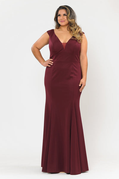 Plus Size Long V-Neck Jersey Fitted Dress by Poly USA W1022-Long Formal Dresses-ABC Fashion