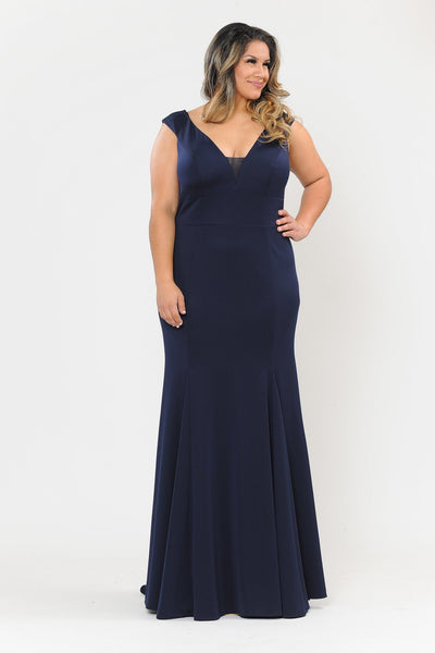 Plus Size Long V-Neck Jersey Fitted Dress by Poly USA W1022-Long Formal Dresses-ABC Fashion
