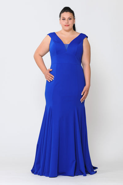 Plus Size Long V-Neck Jersey Fitted Dress by Poly USA W1022-Long Formal Dresses-ABC Fashion