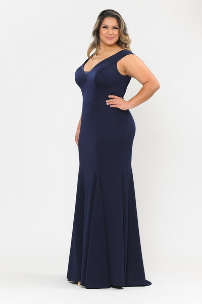 Plus Size Long V-Neck Jersey Fitted Dress by Poly USA W1022-Long Formal Dresses-ABC Fashion