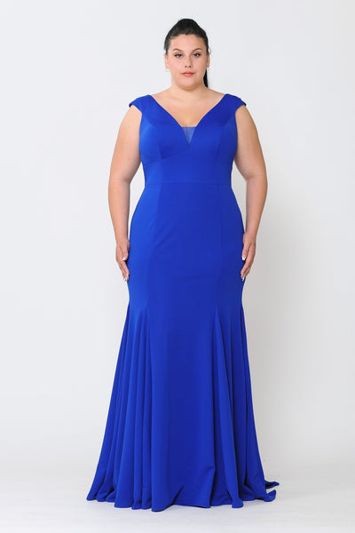 Plus Size Long V-Neck Jersey Fitted Dress by Poly USA W1022-Long Formal Dresses-ABC Fashion