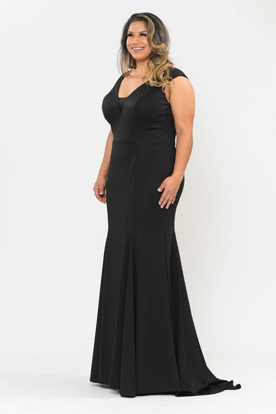 Plus Size Long V-Neck Jersey Fitted Dress by Poly USA W1022-Long Formal Dresses-ABC Fashion