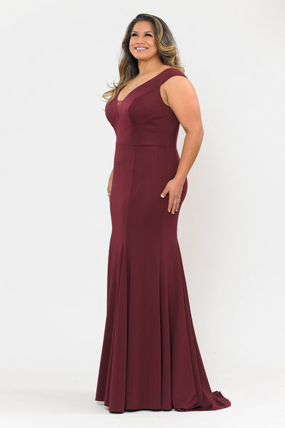 Plus Size Long V-Neck Jersey Fitted Dress by Poly USA W1022-Long Formal Dresses-ABC Fashion