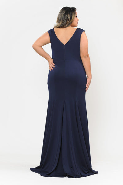 Plus Size Long V-Neck Jersey Fitted Dress by Poly USA W1022-Long Formal Dresses-ABC Fashion