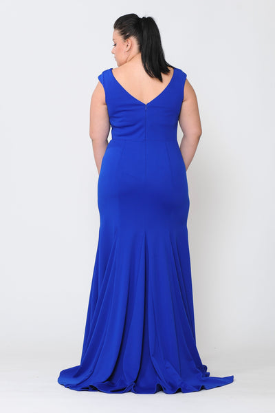 Plus Size Long V-Neck Jersey Fitted Dress by Poly USA W1022-Long Formal Dresses-ABC Fashion