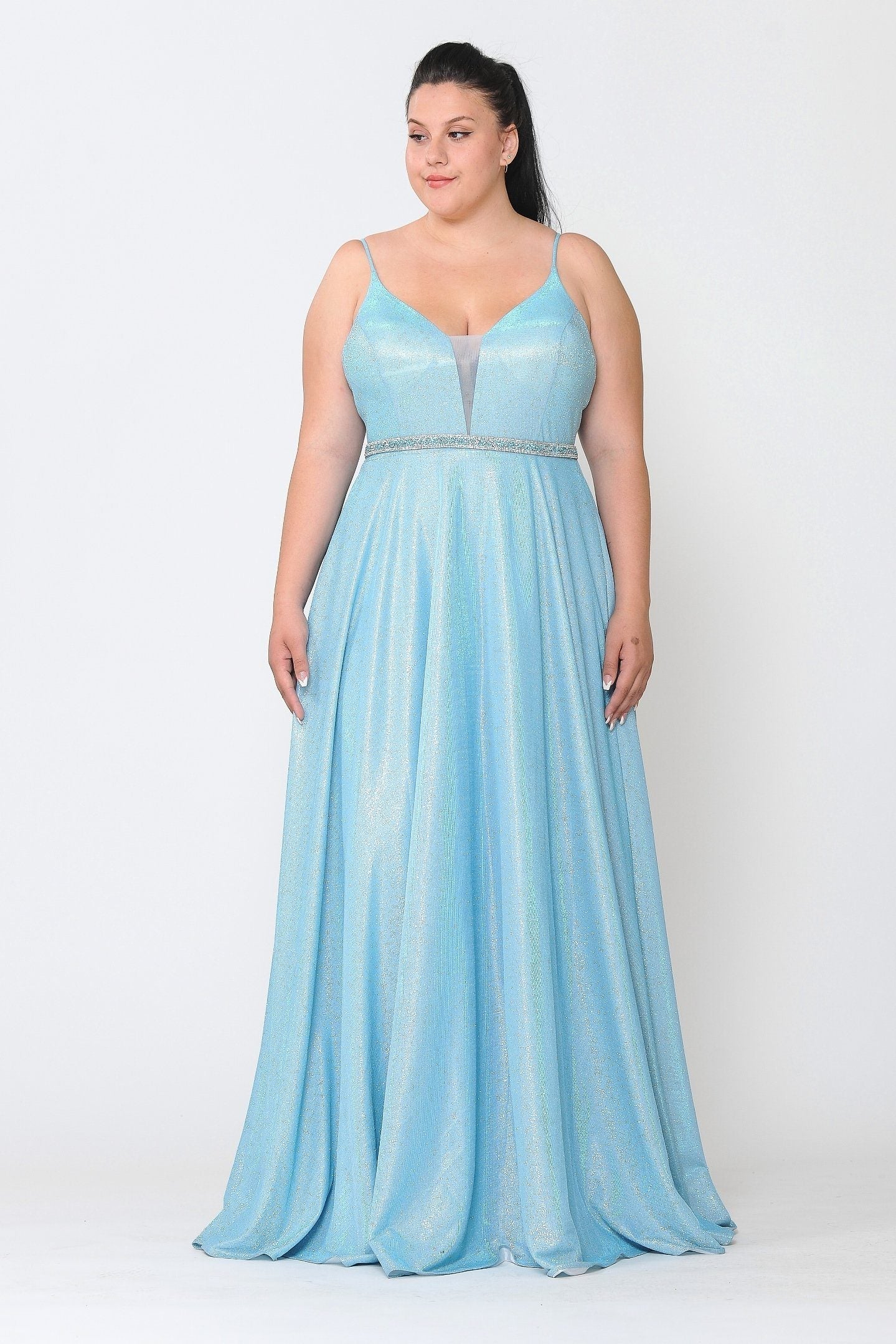 Vestido largo con escote en V y brillo metálico de talla grande de Poly USA W1048