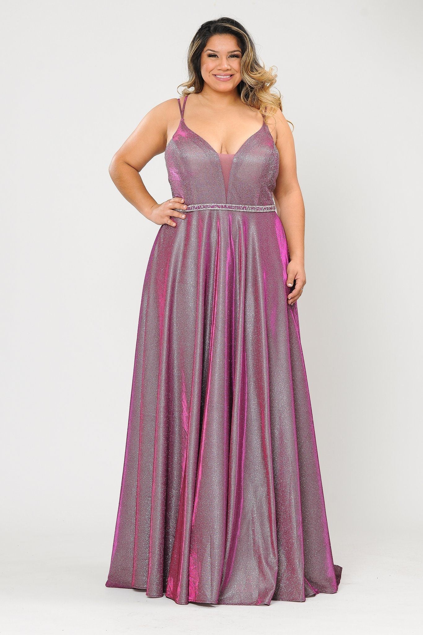Vestido largo con escote en V y brillo metálico de talla grande de Poly USA W1048