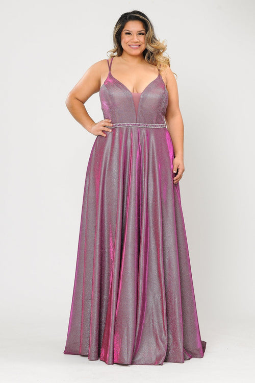 Poly USA W1048 Plus Size Long V-Neck Metallic Glitter Dress