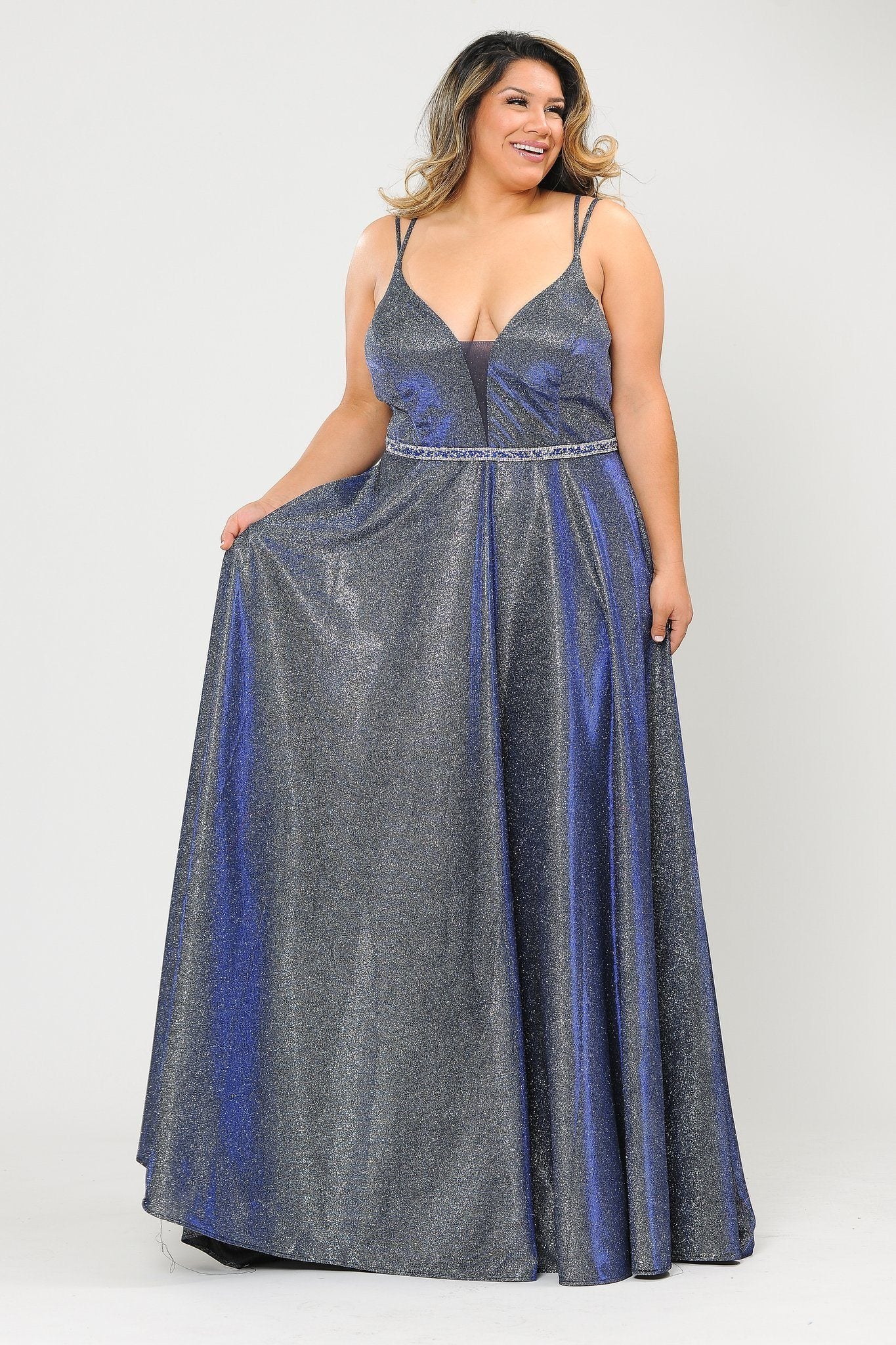 Vestido largo con escote en V y brillo metálico de talla grande de Poly USA W1048