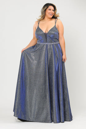 Poly USA W1048 Plus Size Long V-Neck Metallic Glitter Dress