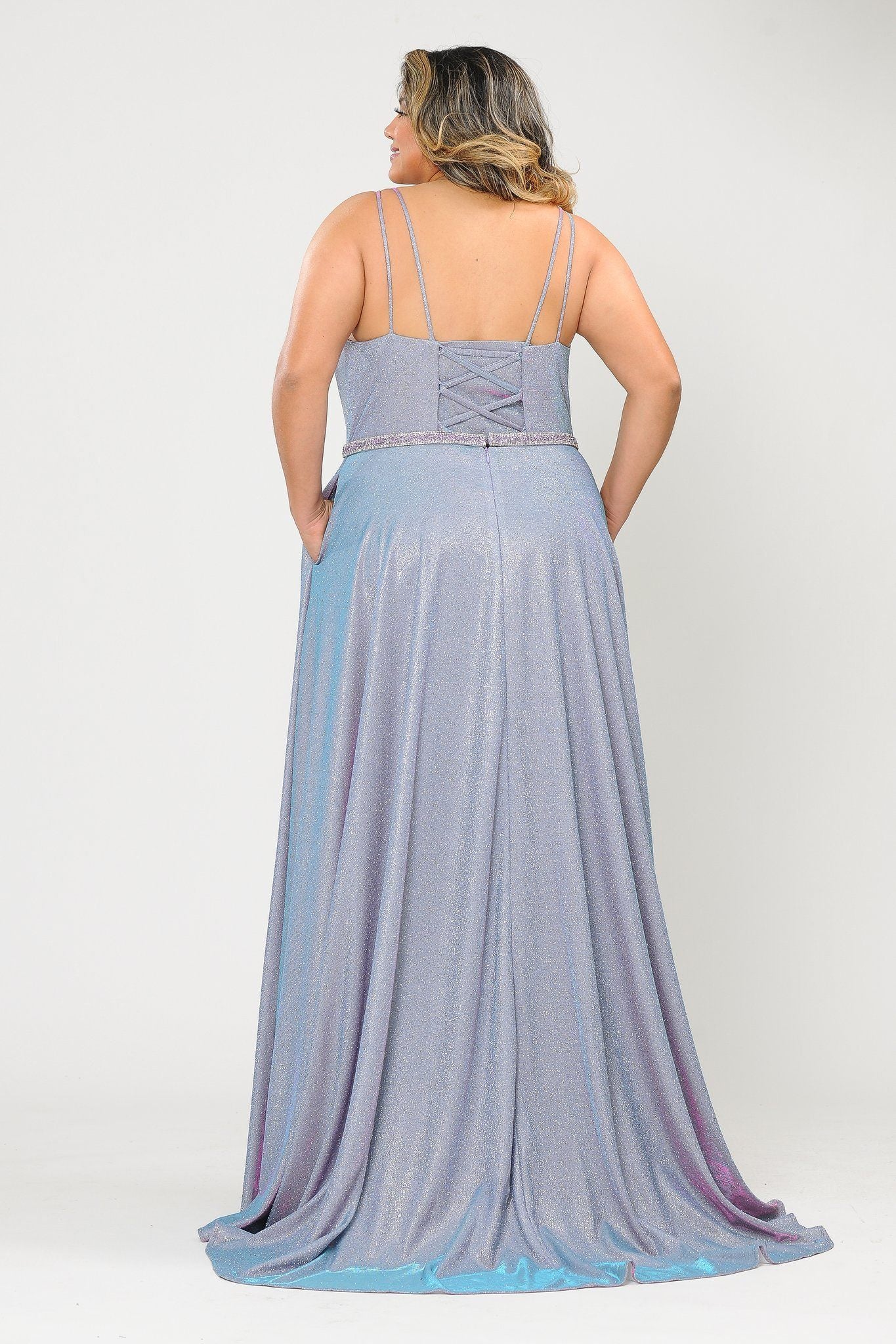 Vestido largo con escote en V y brillo metálico de talla grande de Poly USA W1048