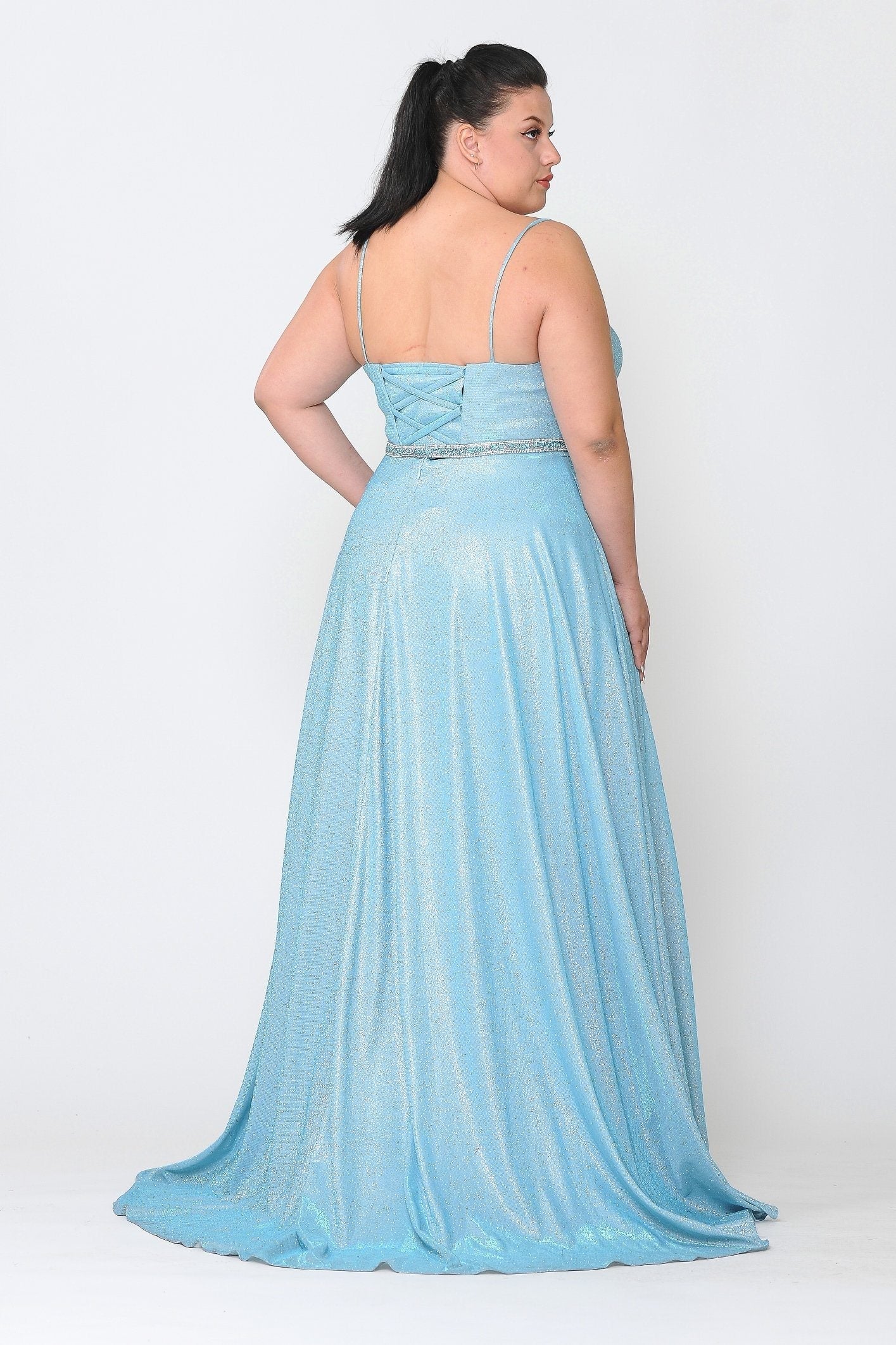 Vestido largo con escote en V y brillo metálico de talla grande de Poly USA W1048