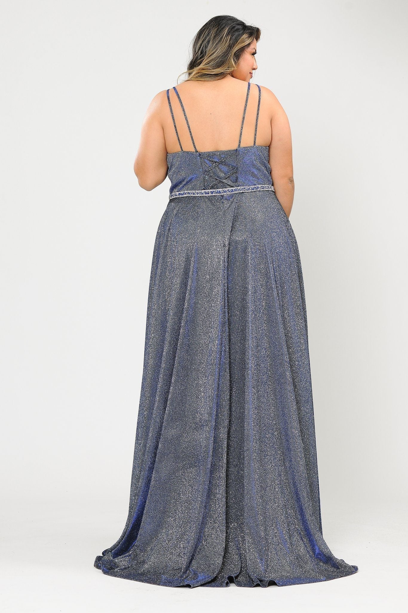 Vestido largo con escote en V y brillo metálico de talla grande de Poly USA W1048