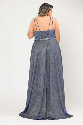 Vestido largo con escote en V y brillo metálico de talla grande de Poly USA W1048