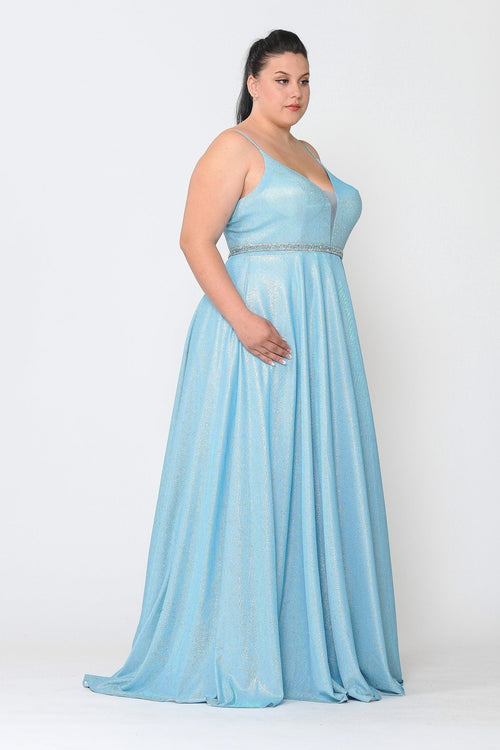Poly USA W1048 Plus Size Long V-Neck Metallic Glitter Dress