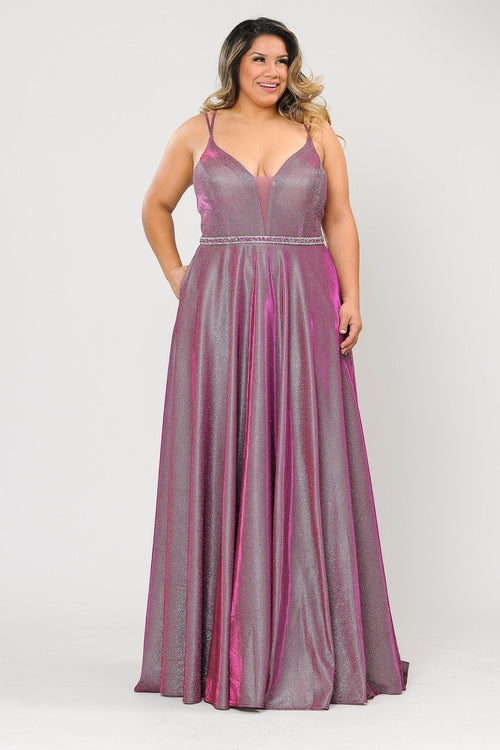 Poly USA W1048 Plus Size Long V-Neck Metallic Glitter Dress