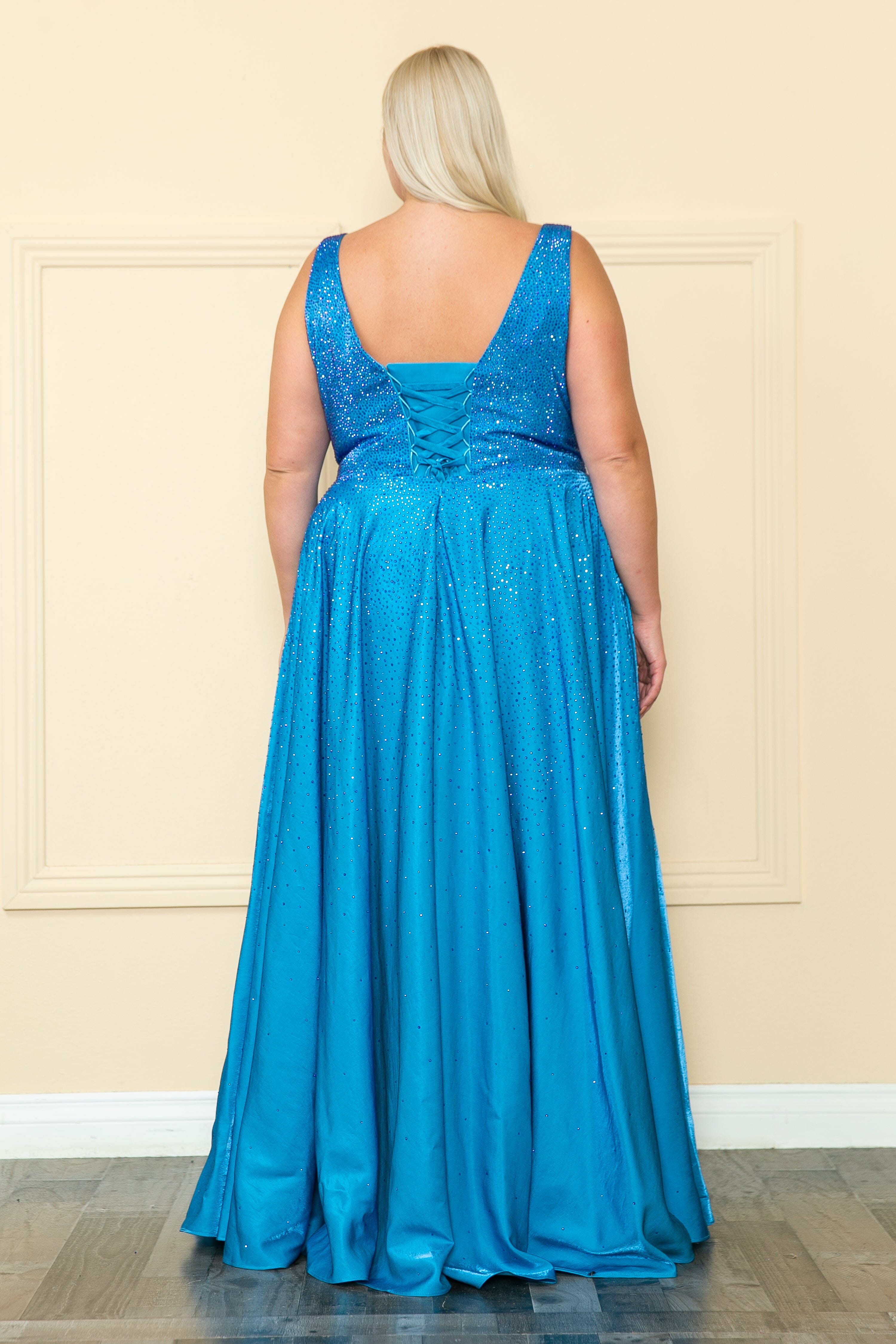 Vestido largo con escote en V y diamantes de imitación, talla grande, de Poly USA W1110