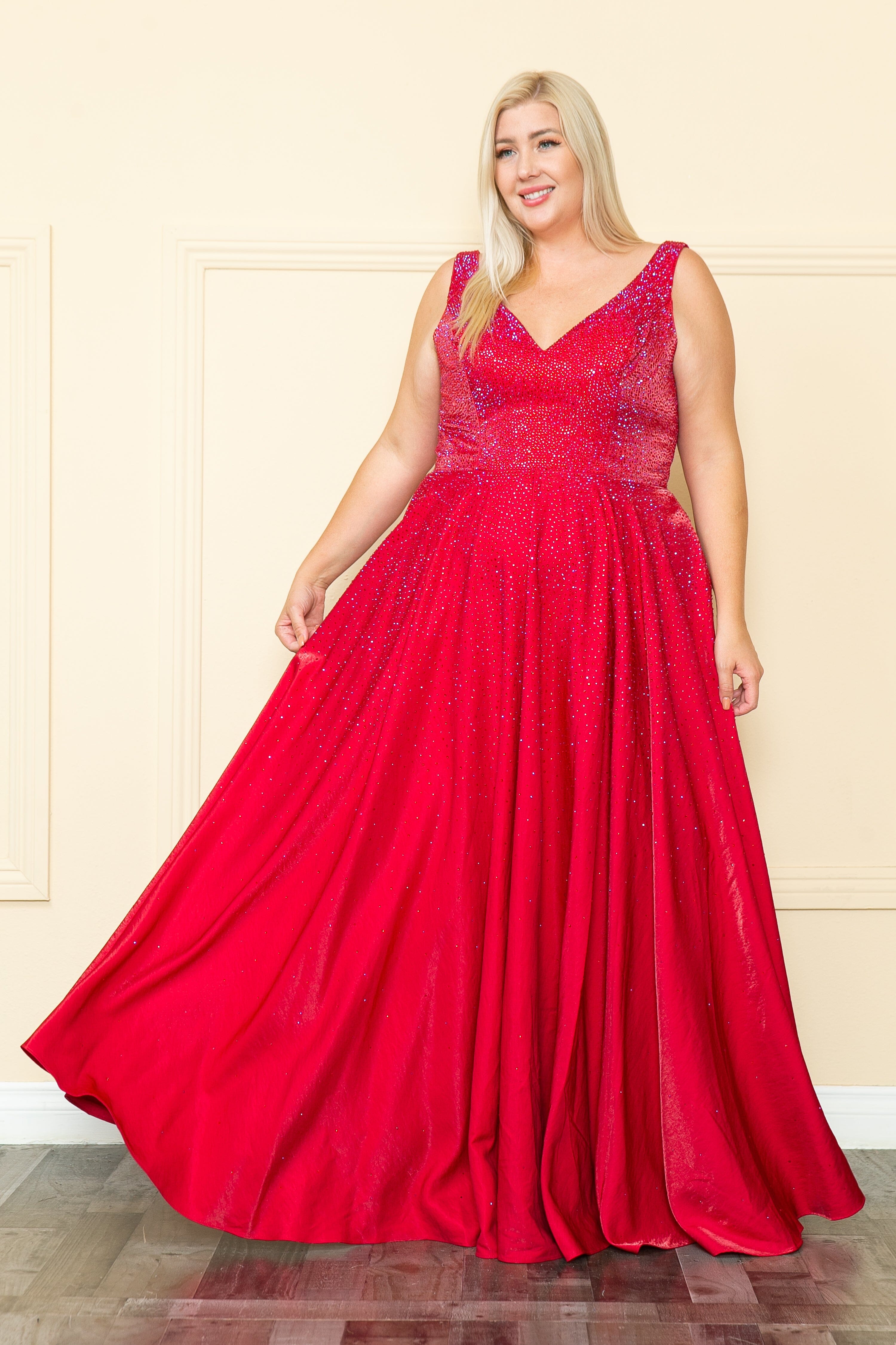 Vestido largo con escote en V y diamantes de imitación, talla grande, de Poly USA W1110
