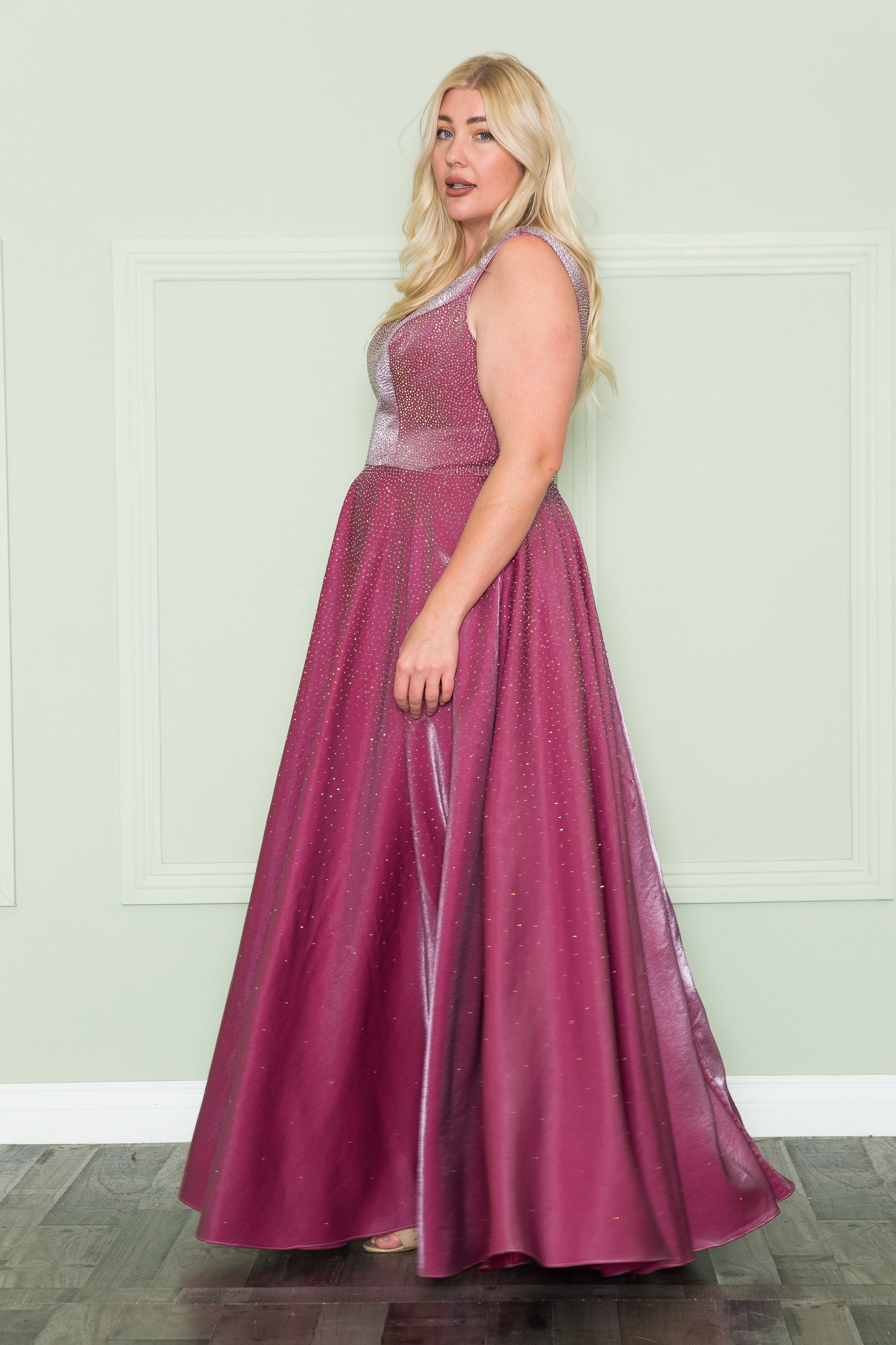 Vestido largo con escote en V y diamantes de imitación, talla grande, de Poly USA W1110