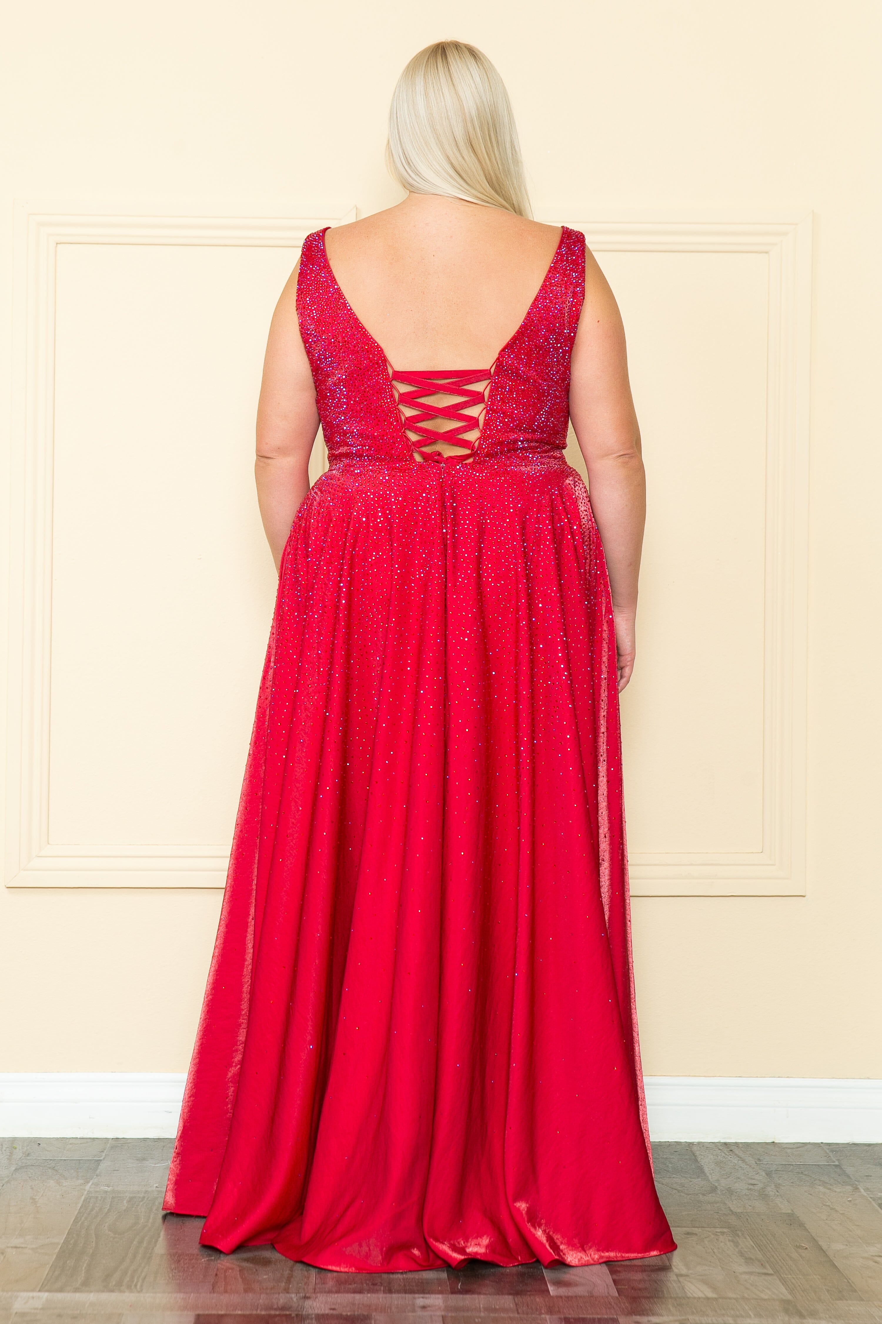 Vestido largo con escote en V y diamantes de imitación, talla grande, de Poly USA W1110