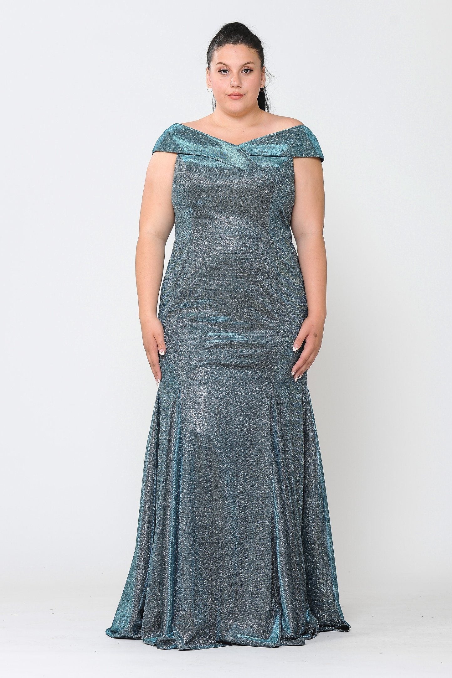 Vestido sirena con hombros descubiertos y purpurina, talla grande, de Poly USA W1042