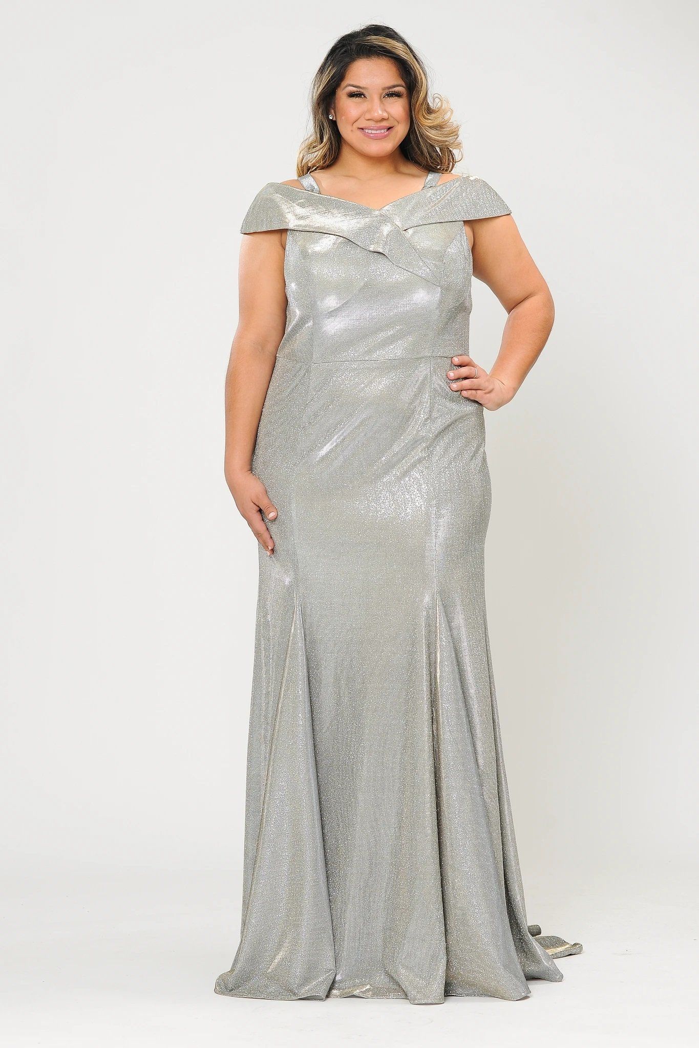 Vestido sirena con hombros descubiertos y purpurina, talla grande, de Poly USA W1042