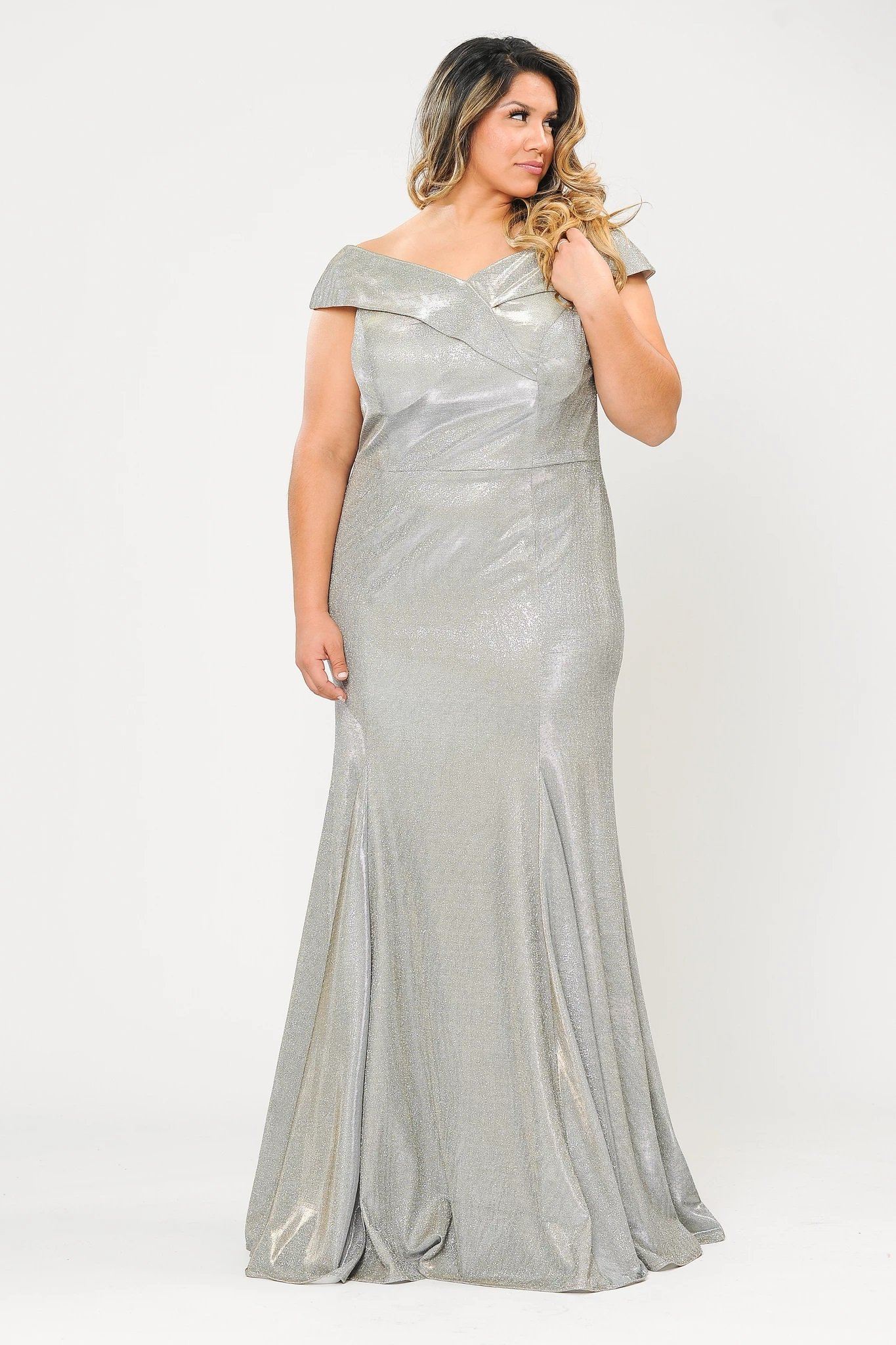 Vestido sirena con hombros descubiertos y purpurina, talla grande, de Poly USA W1042