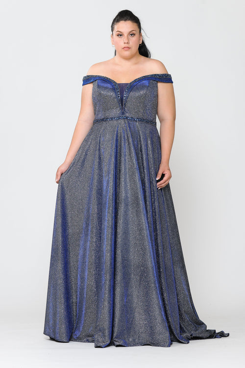 Poly USA W1096 Plus Size Off Shoulder Metallic Glitter Gown