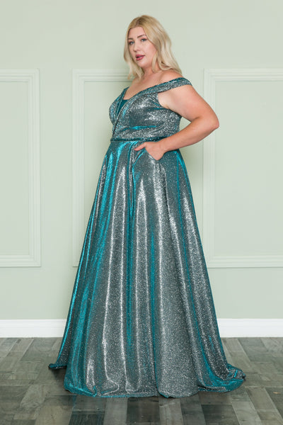 Poly USA W1096 Plus Size Off Shoulder Metallic Glitter Gown