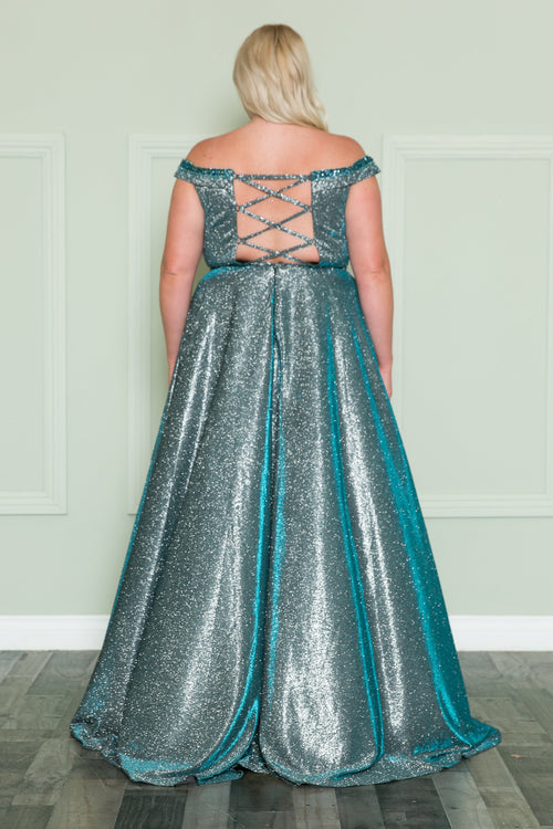 Poly USA W1096 Plus Size Off Shoulder Metallic Glitter Gown