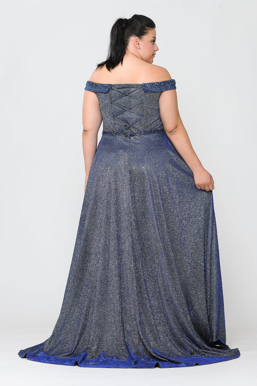 Poly USA W1096 Plus Size Off Shoulder Metallic Glitter Gown