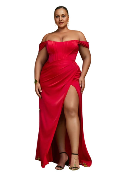 Plus Size Removable Off-Shoulder Straps Dress 2025 Elegant Formal Gown - RED / 18 - Dress
