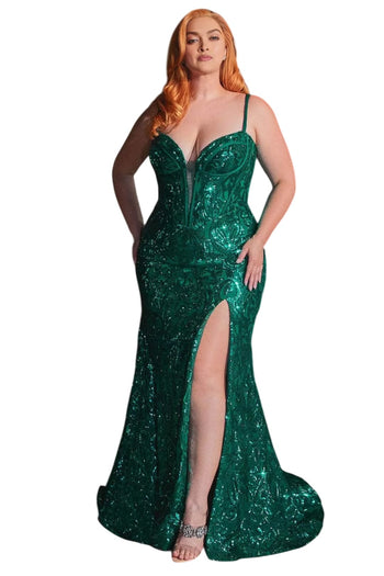 Plus Size Sequin Evening Prom Dress 2025 Sleeveless Long Gown - Emerald / 18 - Prom