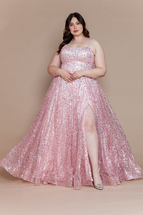 Poly USA W1142 Plus Size Sequin Sleeveless A-line Slit Gown
