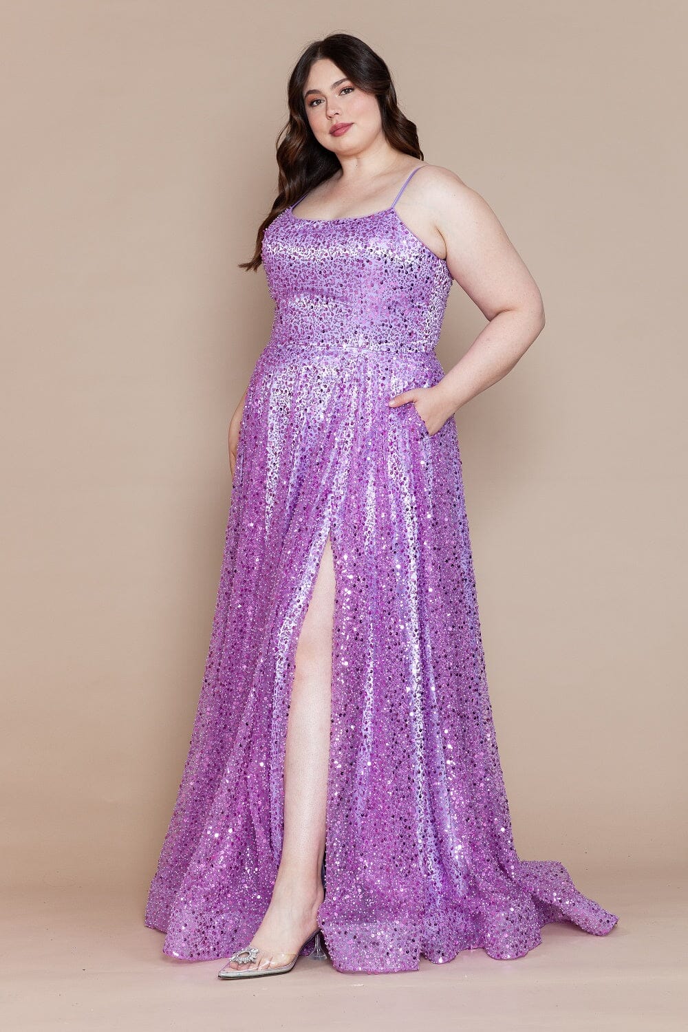 Vestido de fiesta sin mangas con lentejuelas y abertura en forma de A, talla grande, de Poly USA W1142