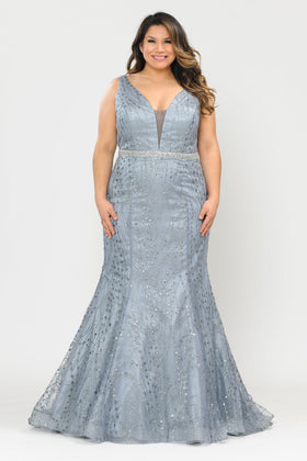 Long Sleeveless Beaded Fitted Gown By Poly USA W1092