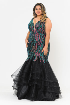 Long Sleeveless Sequined Fitted Tiered Gown By Poly USA W1072
